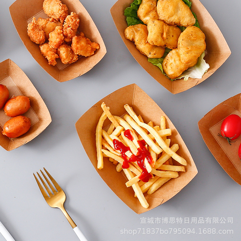Factory direct sales and wholesale of disposable kraft paper boat boxes for fried chicken baking, kraft paper takeout, and various specifications of packaging boat boxes Application Scenario