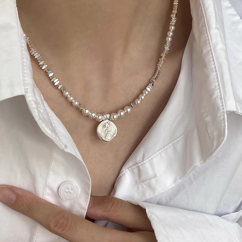 Irregular broken silver pearl necklace for women, 2025 new style, light luxury and niche, rose glaze drop collarbone chain Specification drawing