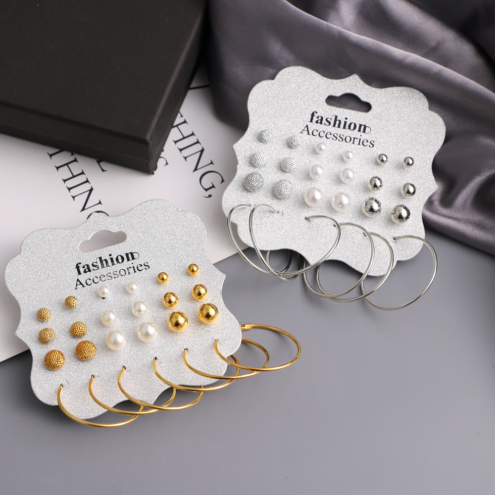 European and American cross-border exaggerated pearl stud geometric circle diamond alloy earrings 12 pairs set ring earrings full figure