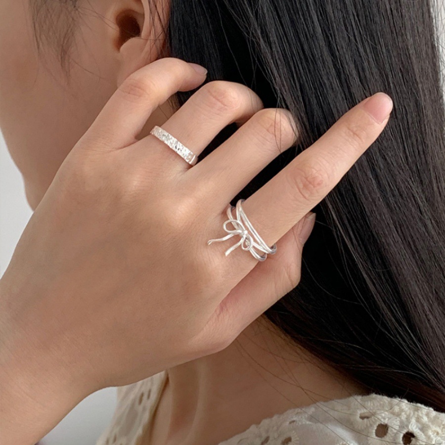 Korean-style simple bow plain ring, sweet and versatile ring for women, niche design, high-end open index finger ring Item Picture