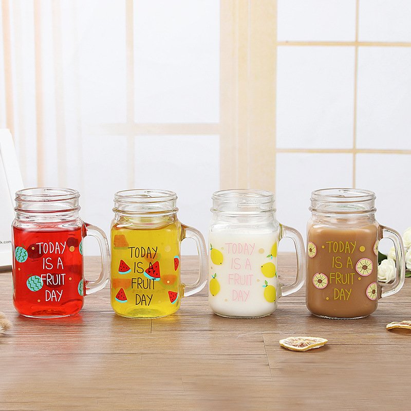 Summer fruit creative Mason Cup, cute glass cup, cold drink cup, juice beverage cup, straw cup with lid, 500ml Specification drawing