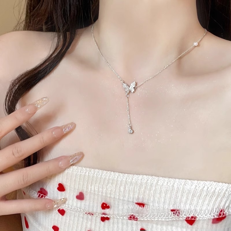 Butterfly tassel pendant necklace for Women, 2025 model, niche design, light luxury, simple and fashionable, versatile collarbone chain Specification drawing
