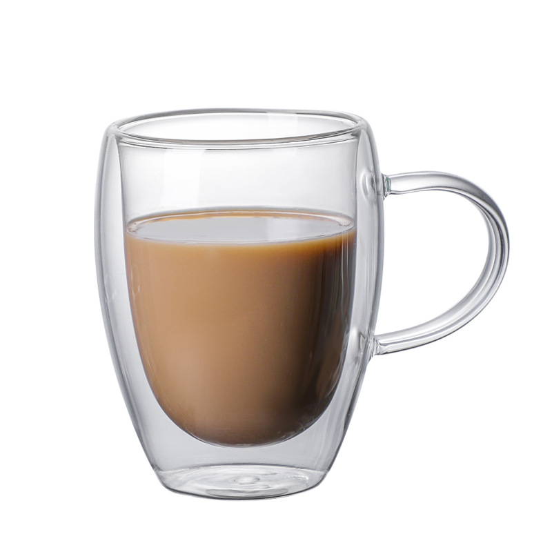 Customized wholesale of double-layer glass cups with handles, cross-border packaging, and support for printing logo patterns on coffee cups and water cups Item Picture