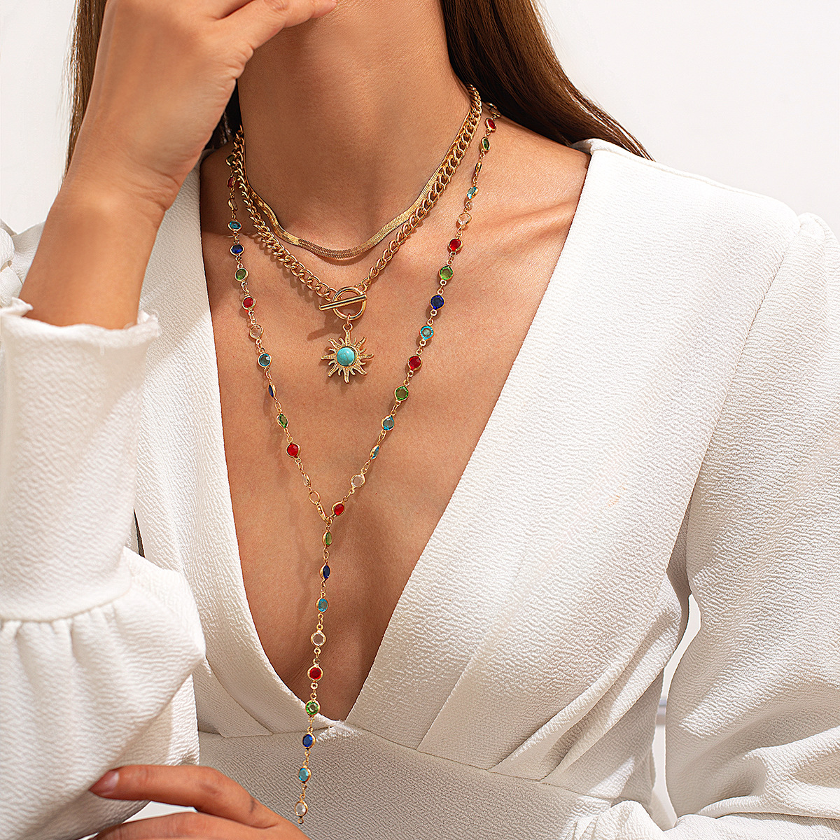 European and American cross-border jewelry sunflower colorful crystal chain necklace, sweet and elegant Su alloy multi-layer collarbone chain details Picture