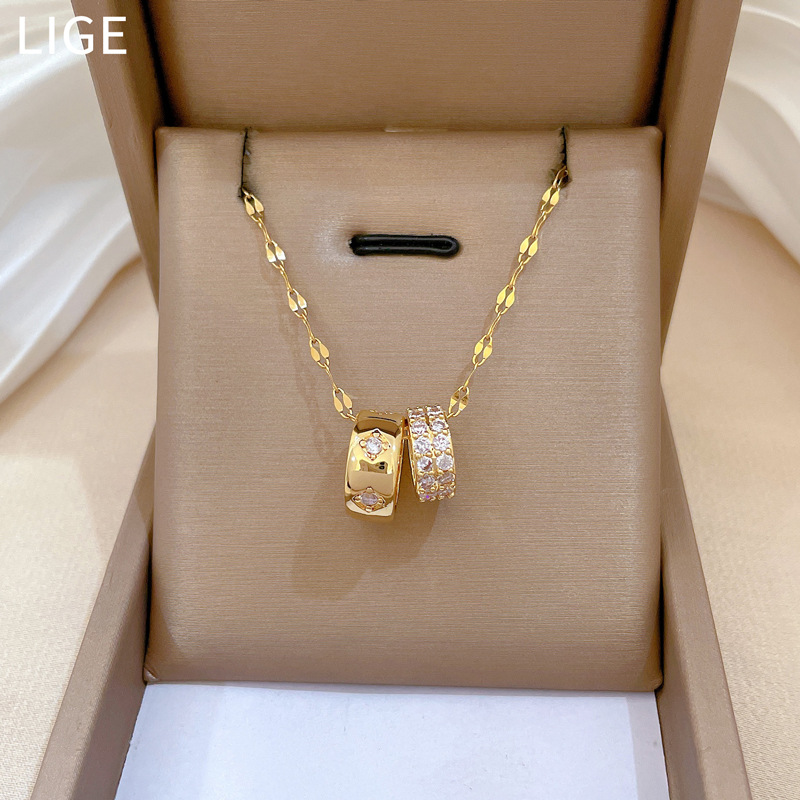 【 Titanium Steel 】 Double-ring mini waist, full diamond, fashionable, light luxury, elegant and luxurious, full diamond necklace, versatile collarbone chain for women full figure