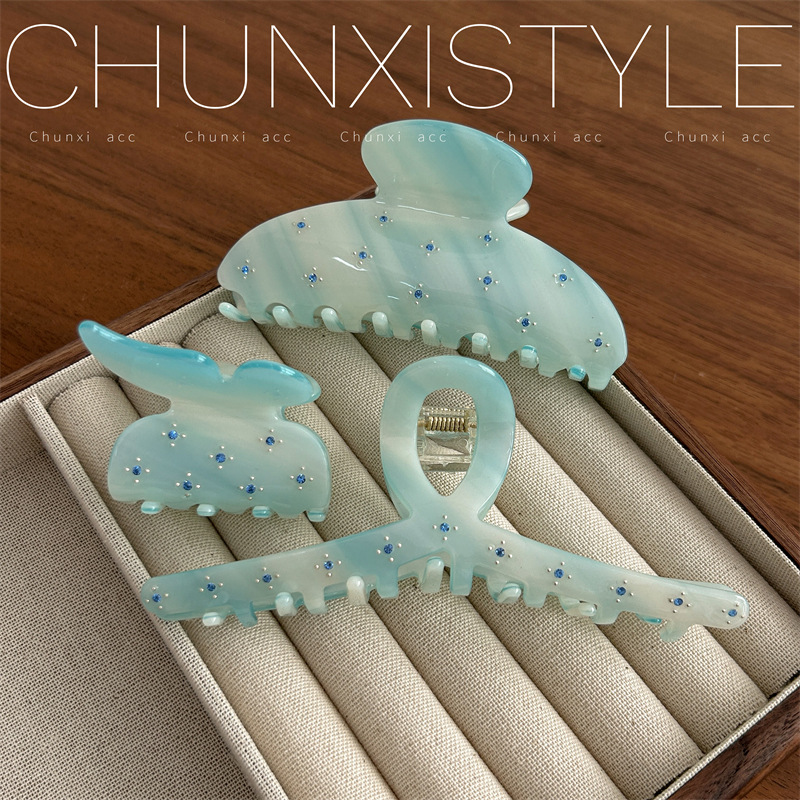 Korean high-end spring and summer acetate exquisite diamond-encrusted dazzling blue-green shark clip, shark grab, hair grab, children's clip full figure