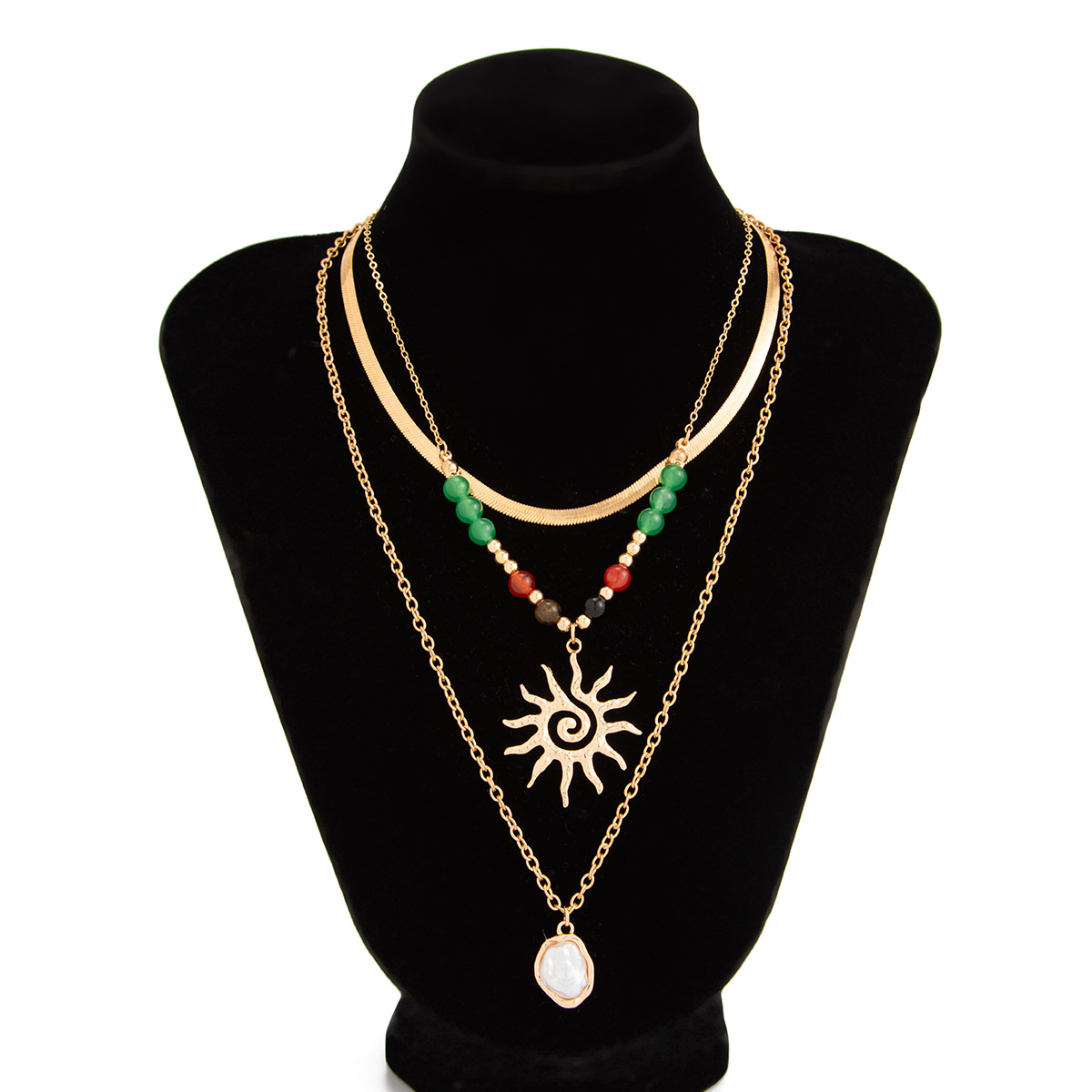 European and American cross-border jewelry, fashionable colorful agate beaded sun pendant necklace, high-end and versatile snake bone chain necklace Item Picture