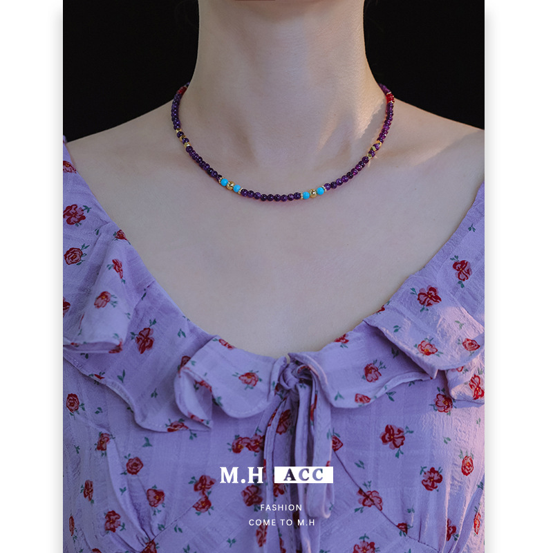 Carefully selected spring and summer new dopamine amethyst beaded necklace for women, a light luxury, niche and high-end collarbone necklace full figure