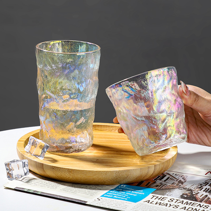 High-appearance-level InS-style iride-colored glass glacier cups, simple household light luxury seven-color tree-patterned beer mugs factory wholesale full figure