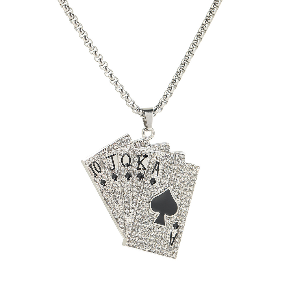 New creative playing card titanium steel necklace, trendy hip-hop men's fan-shaped playing card full diamond pendant sweater chain wholesale Item Picture