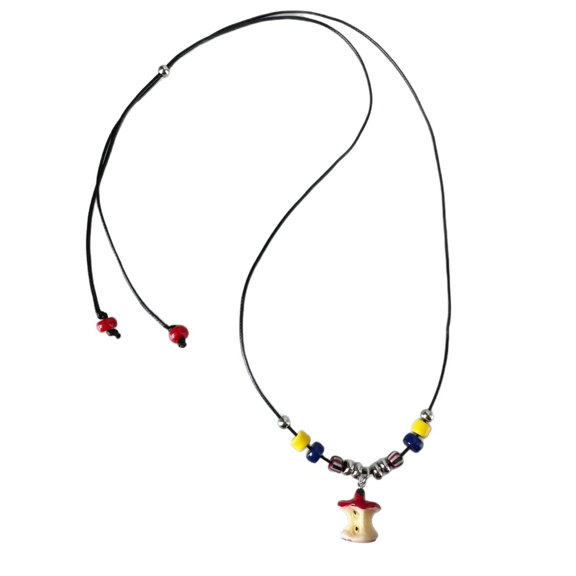 Dopamine apple core colorful beaded black rope necklace, retro and niche Korean Ink-style, cute and childlike necklace for girls Item Picture