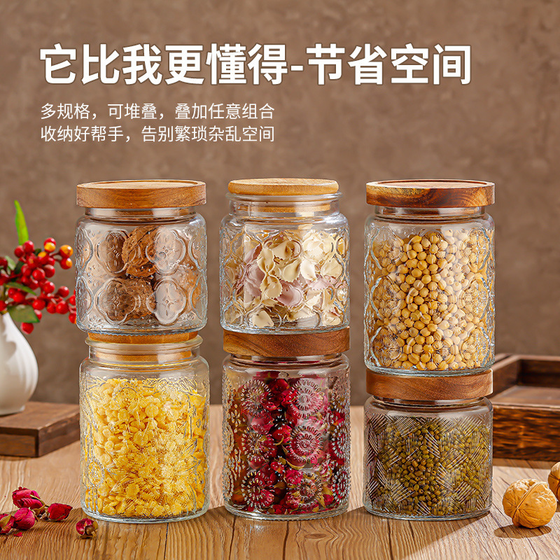 Retro crabapple flower relief cup, candle carved glass bottle, candle cup handicraft glass cup, dried fruit savings jar Specification drawing