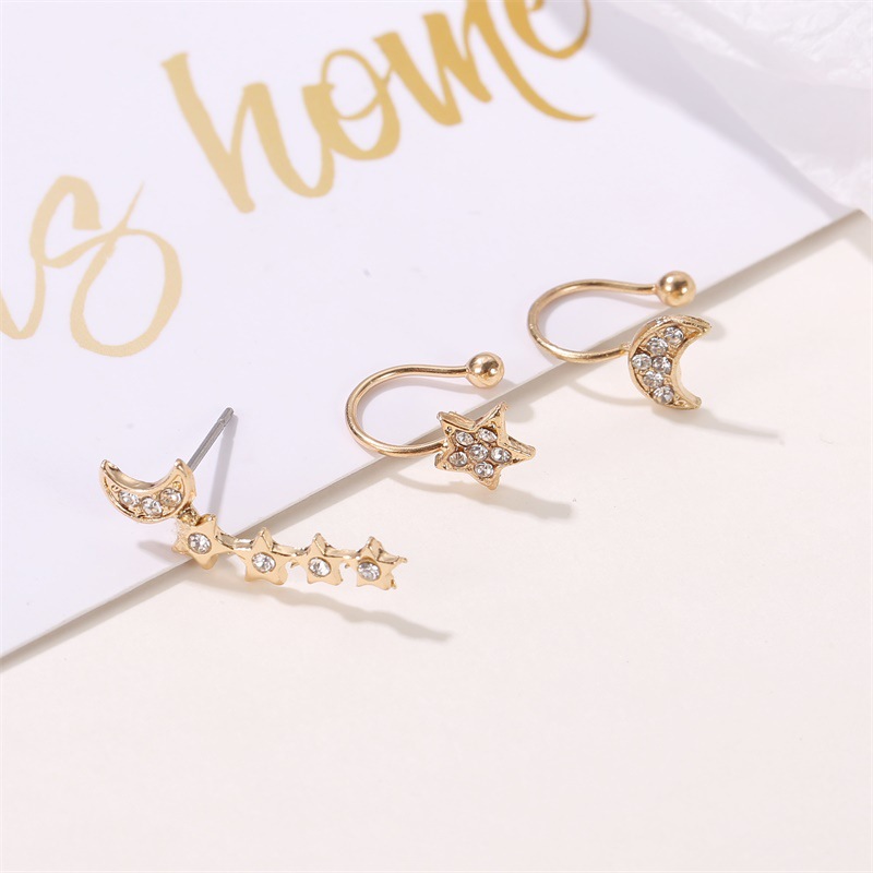 Cross-border bestseller set: no-ear piercing earrings, Full diamond stars and Moon 3-piece set of ear clips, women's cross-border trendy earrings Specification drawing