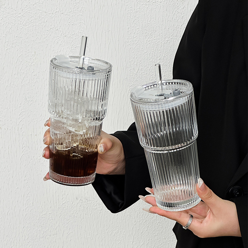 Cross-border high-appearancelevel coffee cup, thickened with lid and straw, vertical striped glass water cup, ins style, large-capacity cup Specification drawing