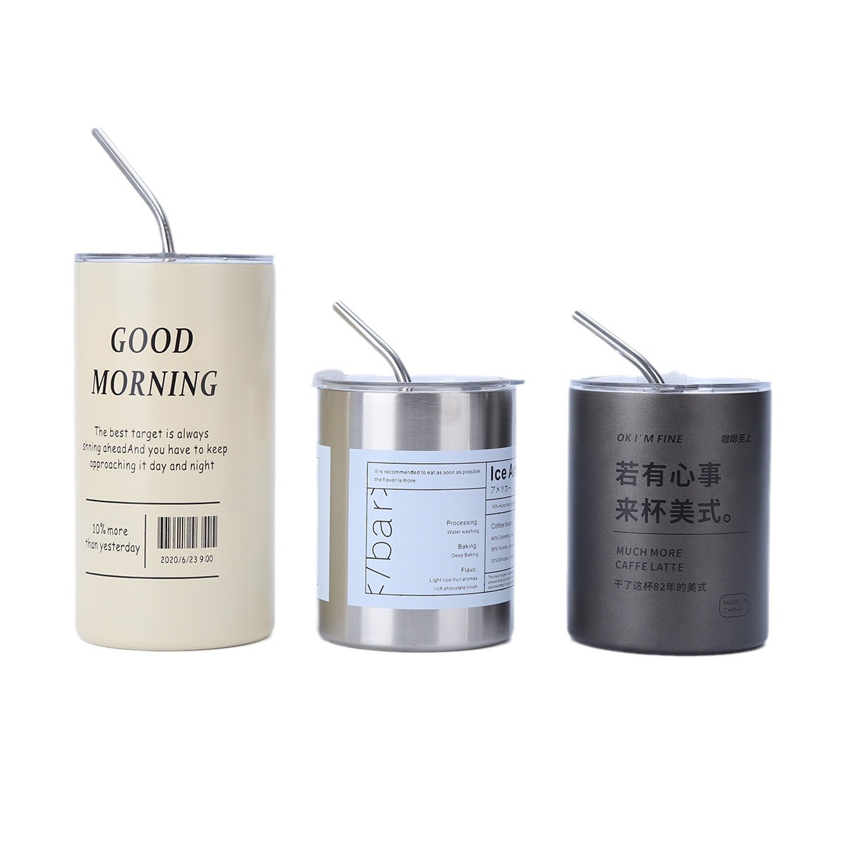 Foreign trade 304 stainless steel iced Americano cup, vacuum double-layer cup with straw, straight cup, household portable insulated cup Item Picture
