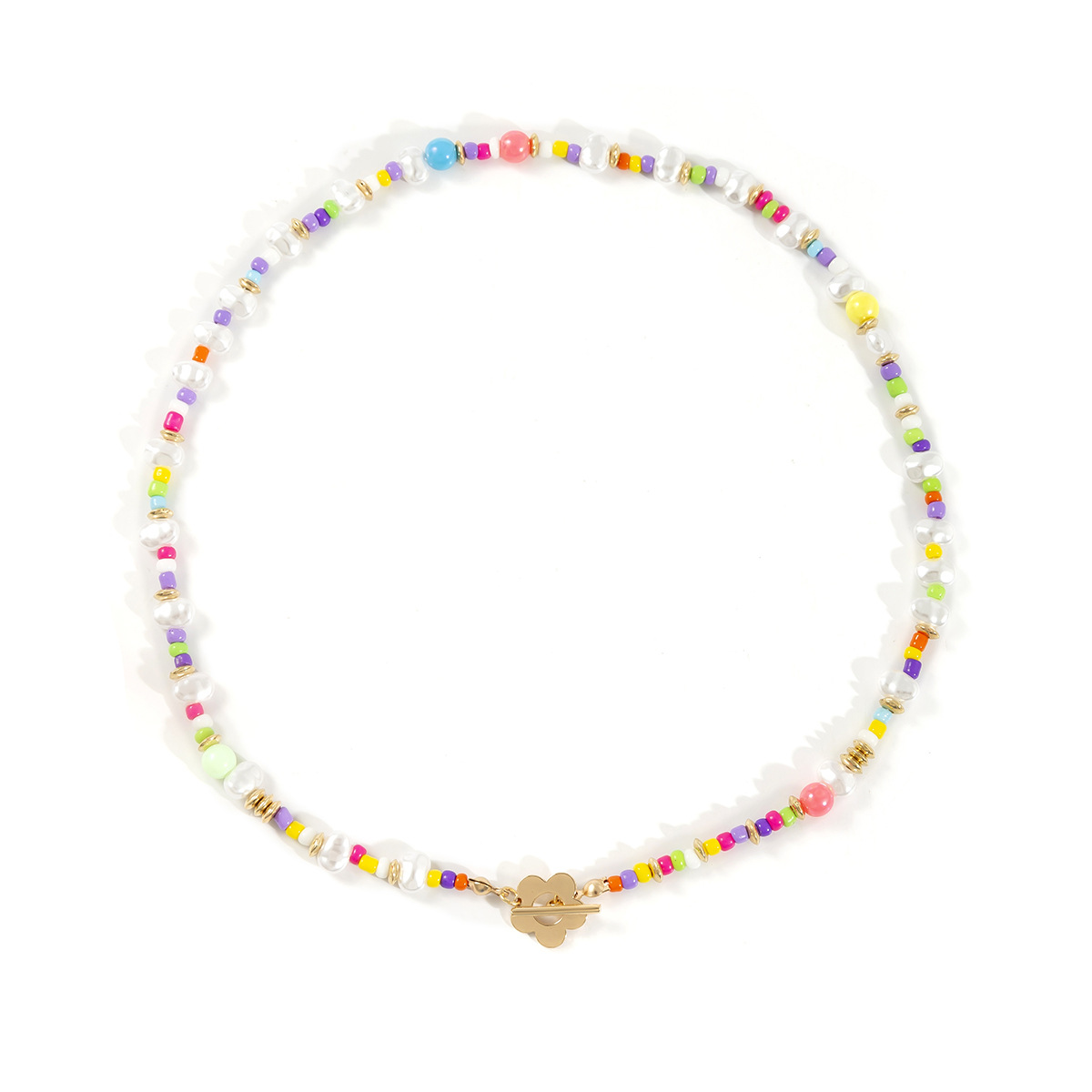 European and American cross-border jewelry, ethnic-style colorful rice beads, versatile collarbone chain, niche design flower imitation pearl necklace Item Picture
