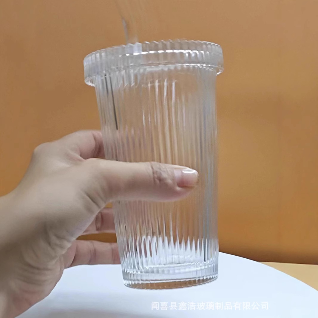 High-quality appearance water cups in stock, simple vertical striped glass cups, glass LIDS, straw cups, milk, coffee and beverages Specification drawing