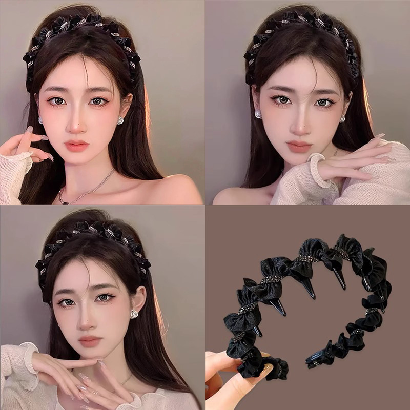 Black braid high top hairband with a high-end feel, light luxury water diamond hairband, daily external wear headband, toothed anti-slip hair clip details Picture