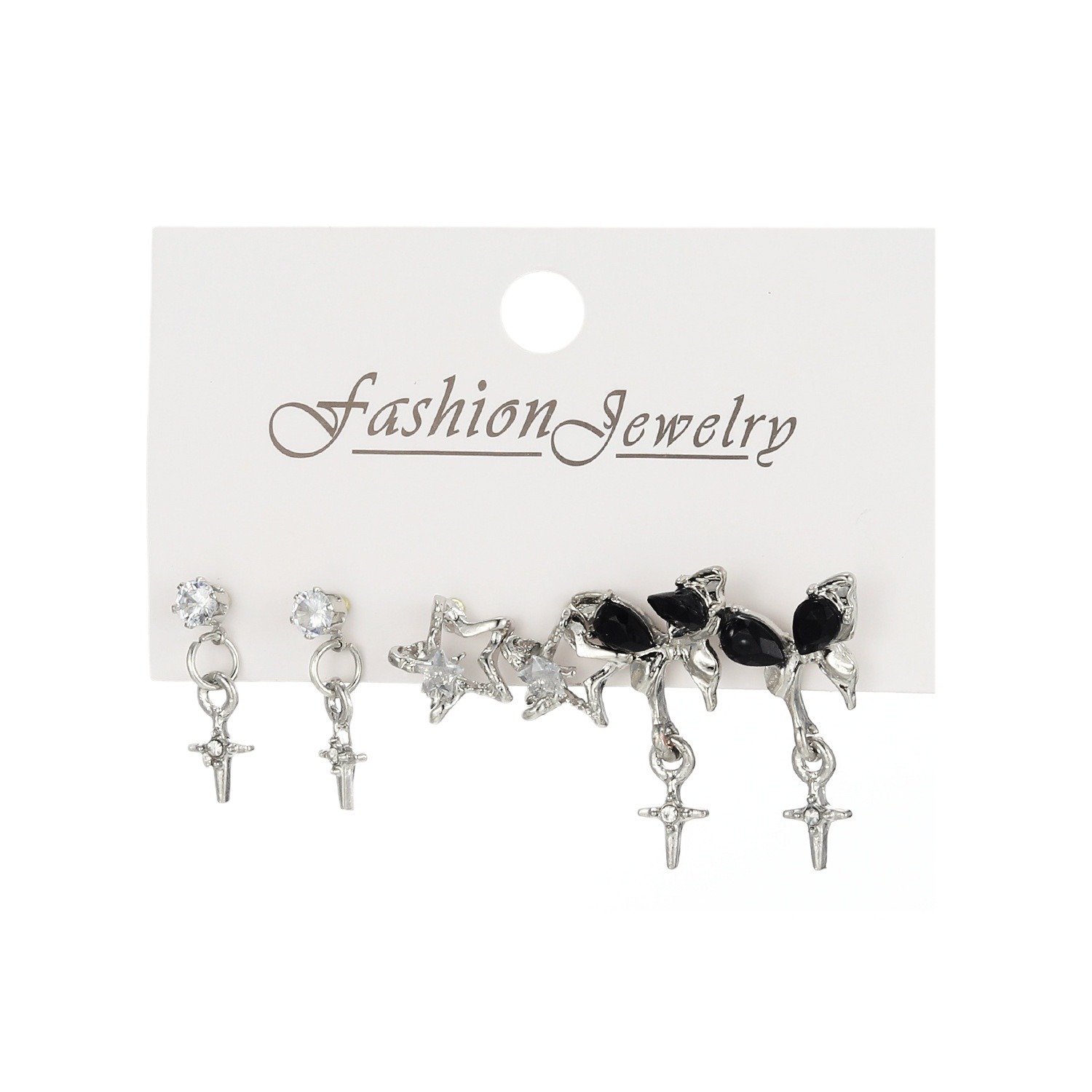 High-end black butterfly water diamond star earrings, retro tassel cross stud earrings for girls, fashionable three pieces of earrings for women Item Picture