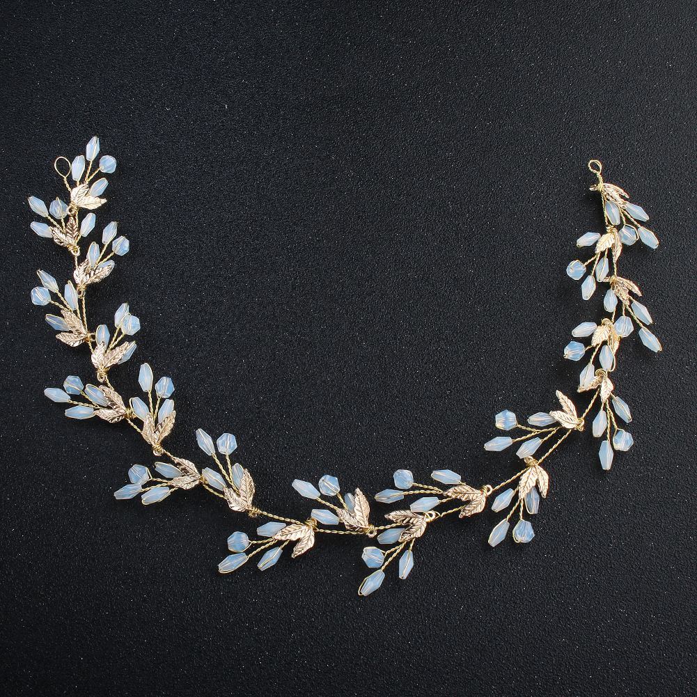 Cross-border new hair accessory alloy leaf bride headband, European and American bride wedding dress headband, jelly-colored crystal headband for girls details Picture