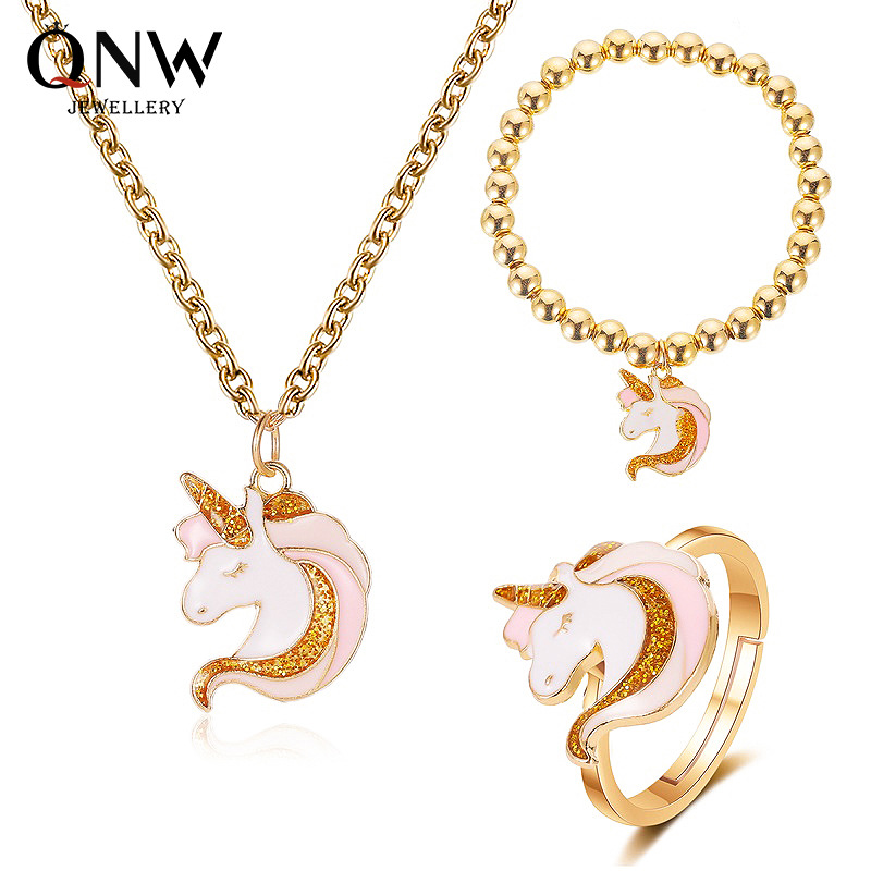 New cartoon jewelry, cute unicorn necklace, elastic bracelet ring, cross-border hot-selling accessories wholesale full figure