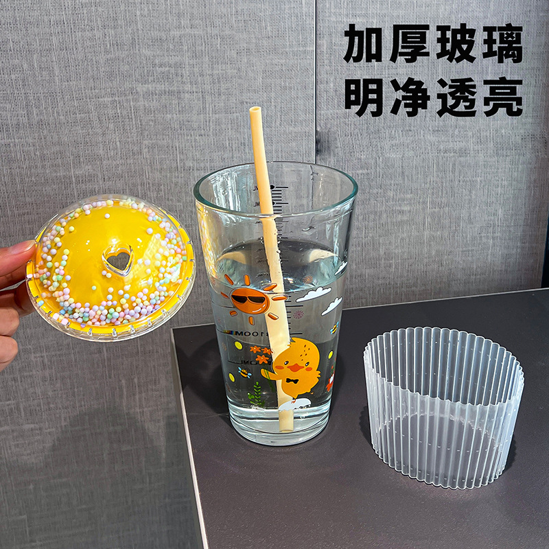 Cartoon graduated glass straw cup, double-layer portable summer casual cup, cute straw cup, creative cup Specification drawing