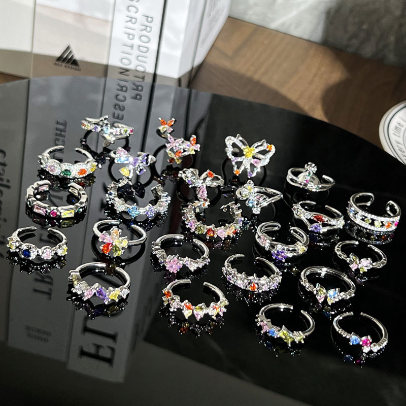 Eden Series retro colored diamond sweet and cool open ring, women's light luxury and high-end feel, Hong Kong-style stacked index finger ring Specification drawing