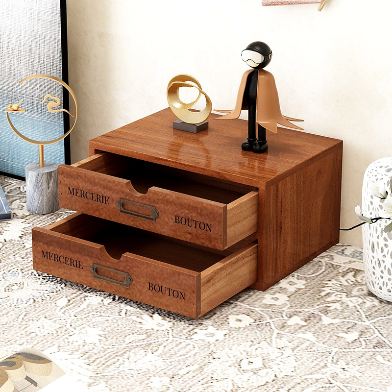 Drawer-type computer height-increasing rack, solid wood office sundries box, retro desktop storage box, multi-layer storage rack details Picture