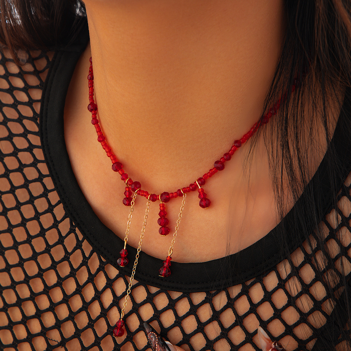 European and American cross-border accessories, cold style, blood drop crystal necklace, Halloween tassels, copper wrapped, iron collarbone necklace for women full figure