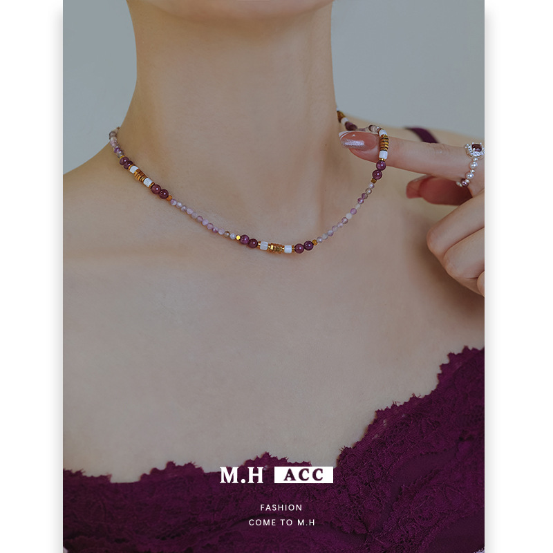 Amethyst black gallstone beaded necklace for women, fresh and elegant, versatile, high-end, simple and fashionable collarbone chain details Picture