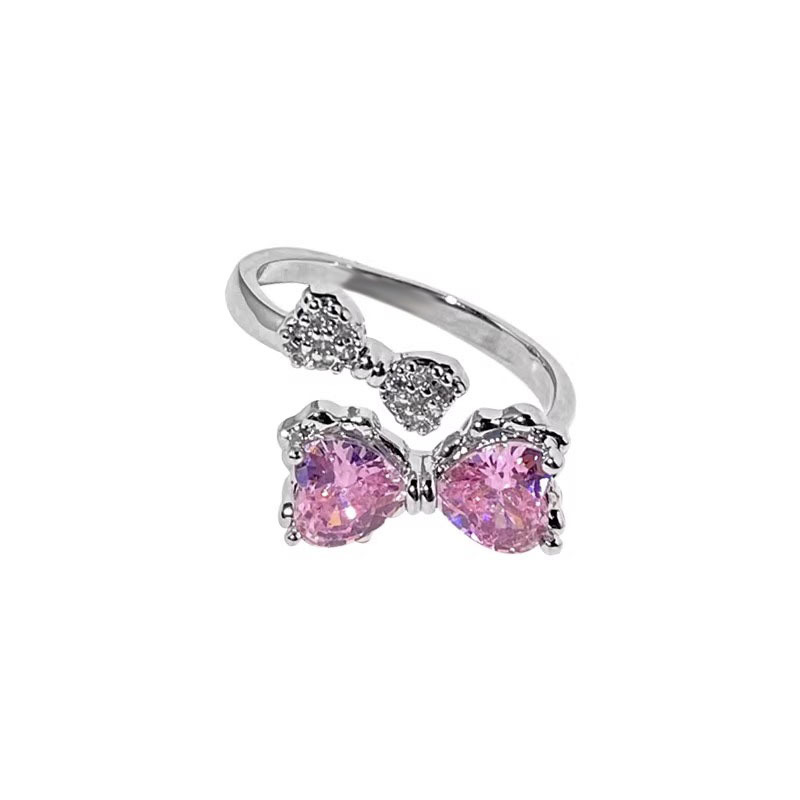 Sweet and cool pink diamond bow open ring, women's light luxury and elegant index finger ring, niche design, high-end and fashionable ring Item Picture