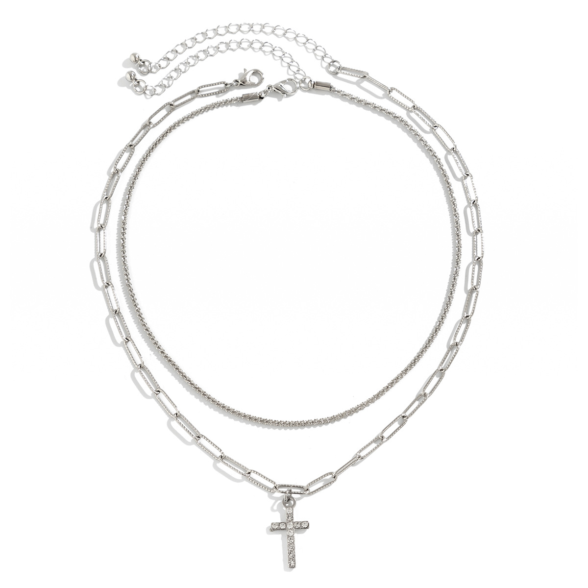 A versatile, sparkling chain collarbone necklace for women with tassels and diamond-encrusted crosses Specification drawing