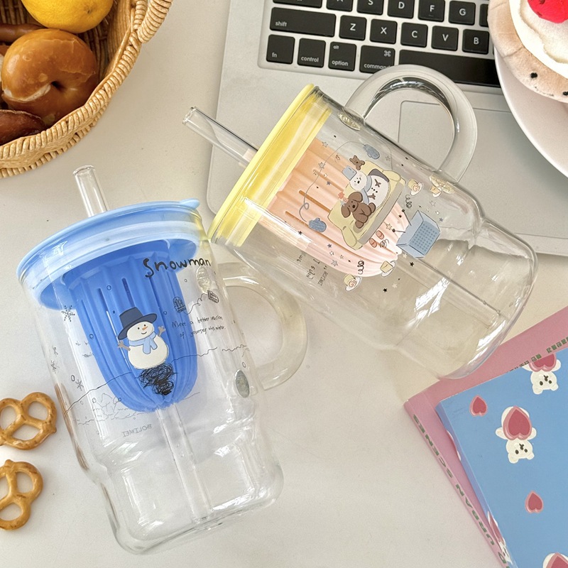 Korean InS-style large-capacity glass straw cup, girlish water cup, student drinking cup, glass snowman Specification drawing