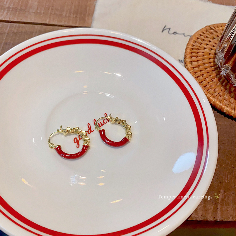 Ankela red enamel drop glaze ear loops for women, a light luxury retro patchwork circular ear buckle, a high-end and elegant ear accessory Specification drawing
