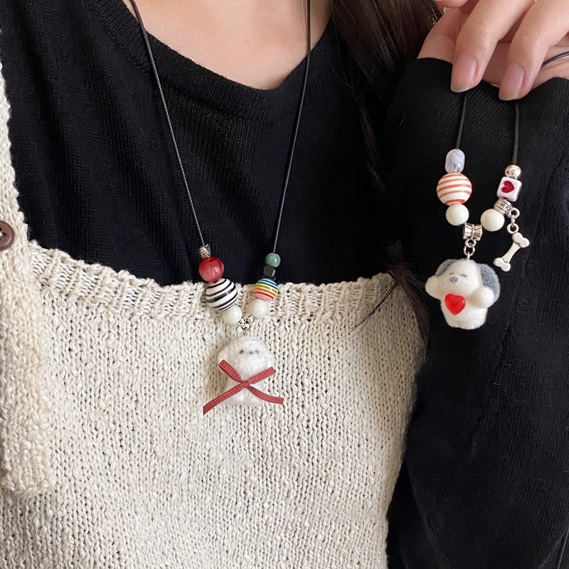 Dopamine cute plush puppy pull-out necklace, a versatile sweater chain for sweet girls, and a unique and fun necklace for children full figure