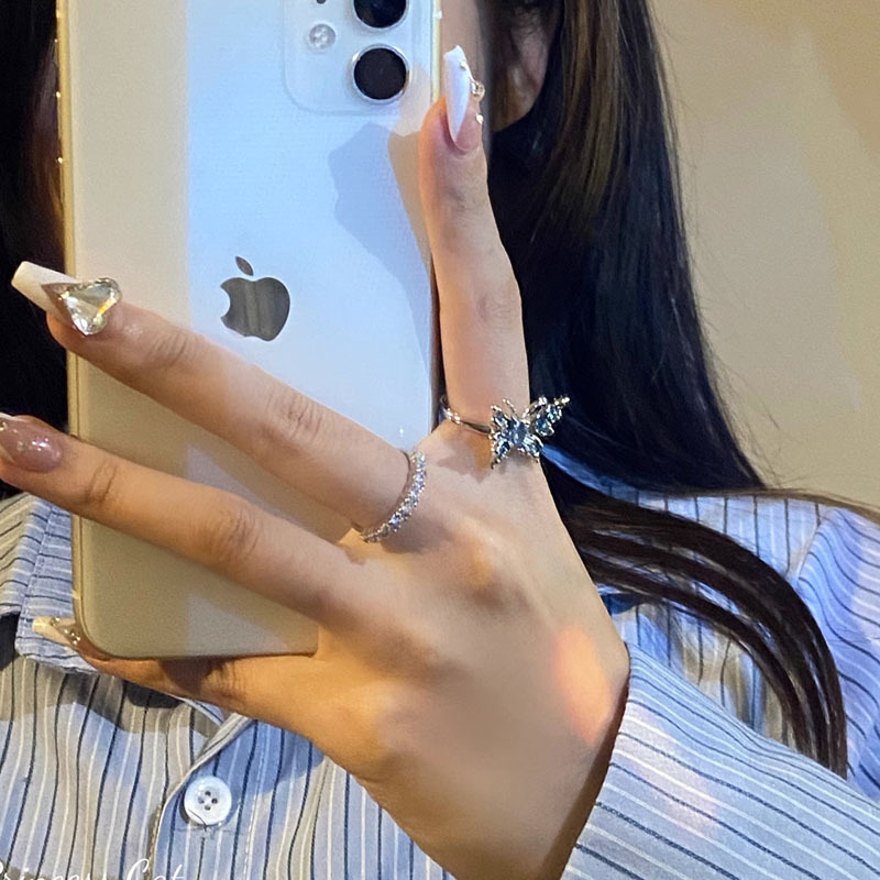 Sweet, cool and fashionable, oil-dripping blue butterfly zircon open ring for women, y2k, cool style, temperament and personality, layered ring details Picture