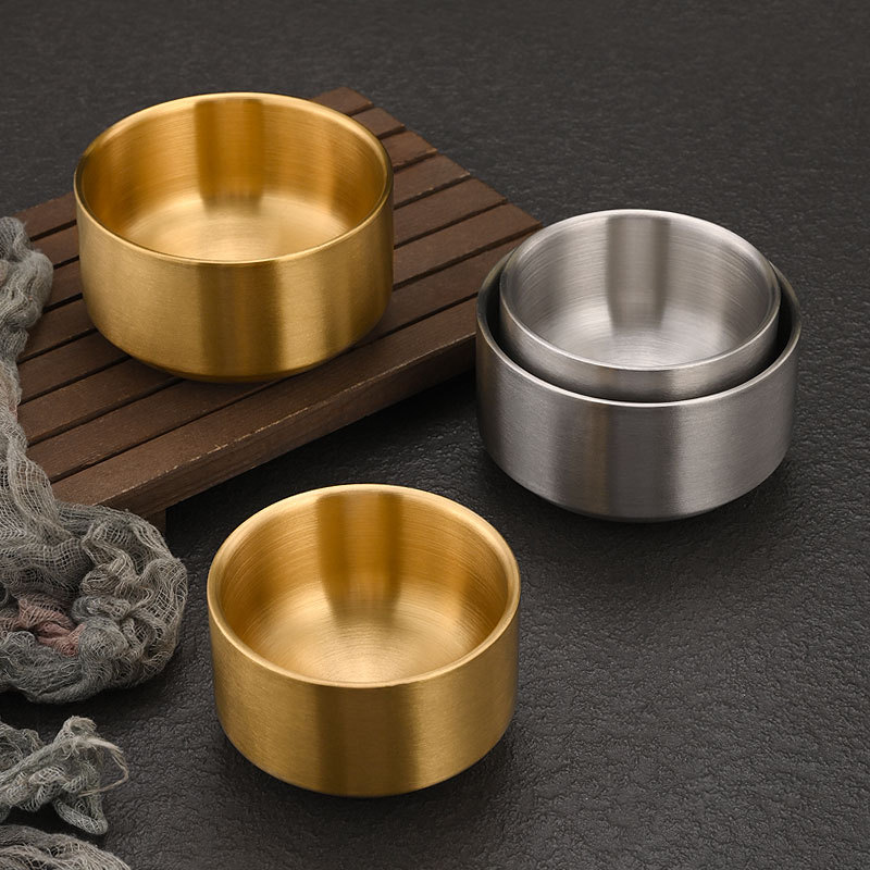 Korean-style 304 stainless steel rice bowls, commercial double-layer heat-resistant soup bowls, Korean golden bowls, small sauce bowls and tableware details Picture