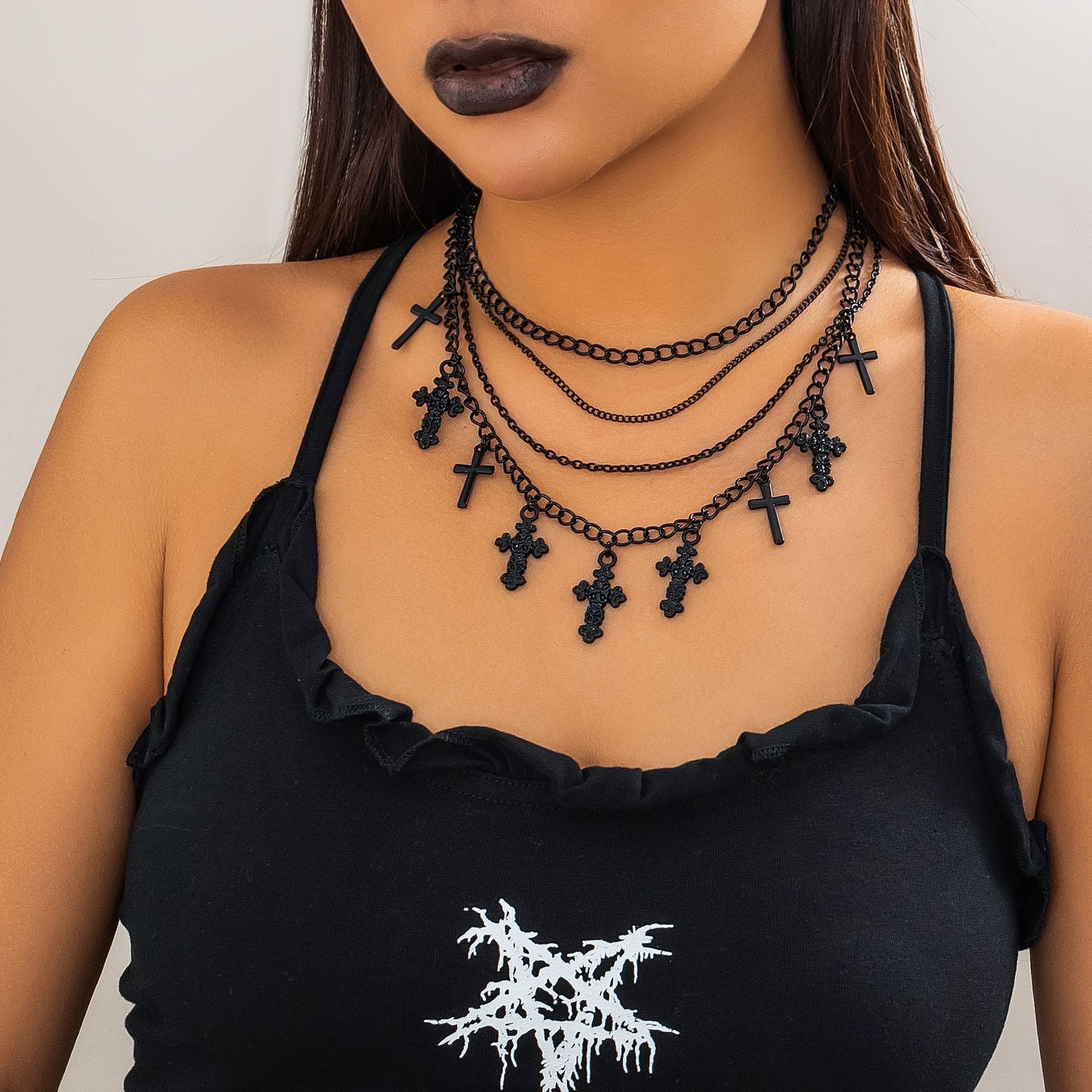 European and American cross-border jewelry Halloween multi-layered cross tassel necklace, sweet and cool chain, black niche women's necklace full figure