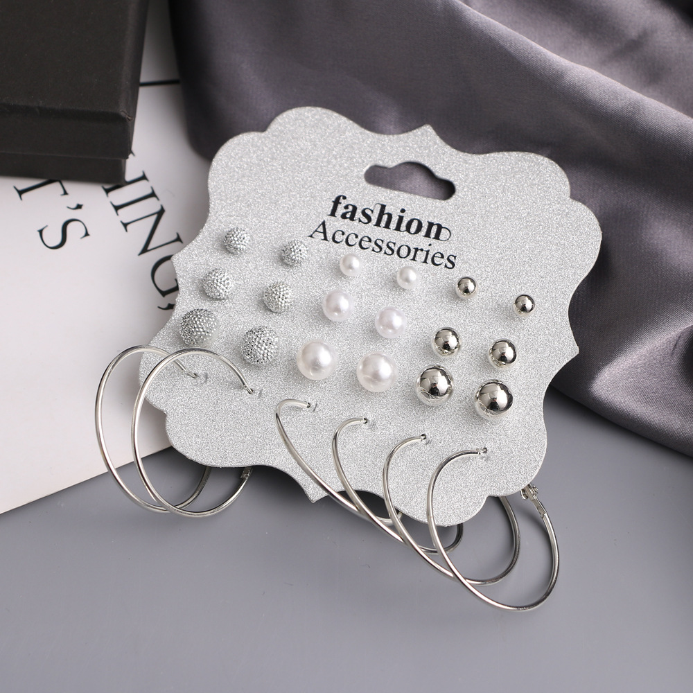 European and American cross-border exaggerated pearl stud geometric circle diamond alloy earrings 12 pairs set ring earrings Application Scenario