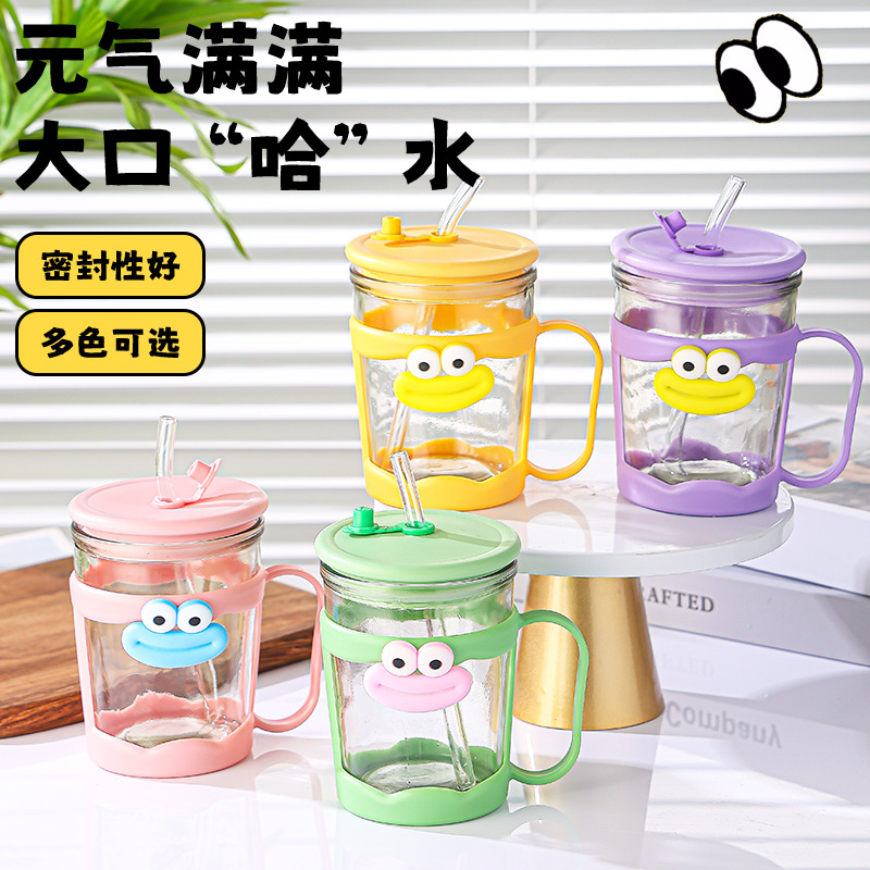 Glass straw cup, household drinking cup, heat-resistant office breakfast coffee cup, cartoon handle gift glass cup full figure