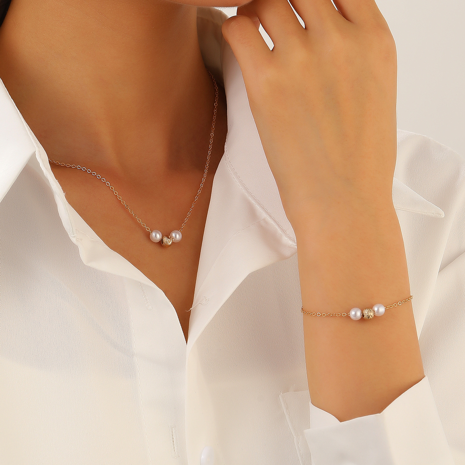 European and American ins fashion, simple and versatile pearl string bracelet necklace two-piece set, high-end and elegant jewelry set for women Specification drawing
