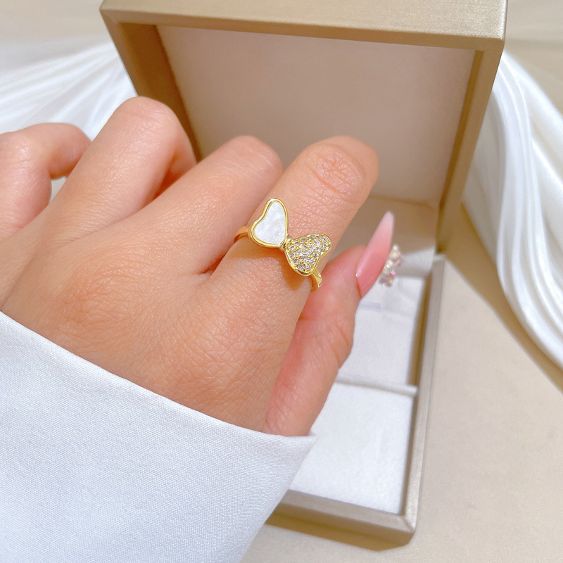 【 Real Gold 】 Shell butterfly Full diamond ring with adjustable opening, simple Japanese-style bracelet, couple rings full figure