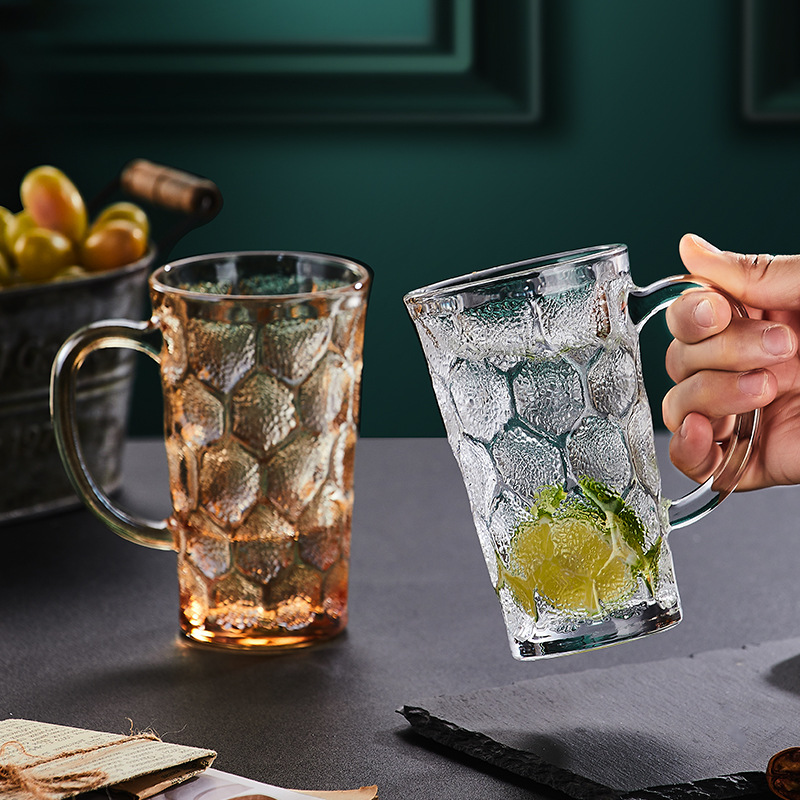 Ins-style diamond-patterned glass cups, water cups, women's summer home milk tea cups, men's honeycomb nest beer mugs with handles Specification drawing