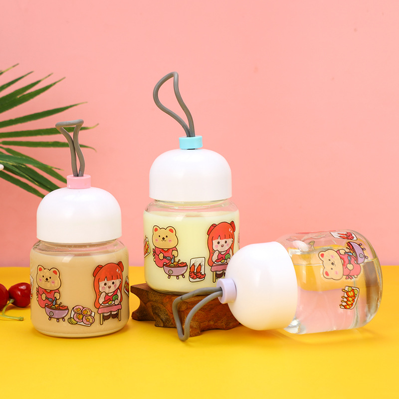 Wholesale of chubby cups with string stickers, cute cartoon glass cups, mini portable water cups, graduated milk tea and coffee cups details Picture