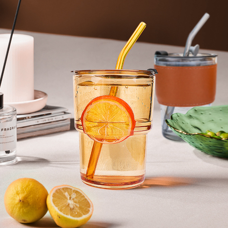 Custom-made laser logo leather case ins coffee cup, retro glass cup with straw, office bamboo joint drinking cup full figure
