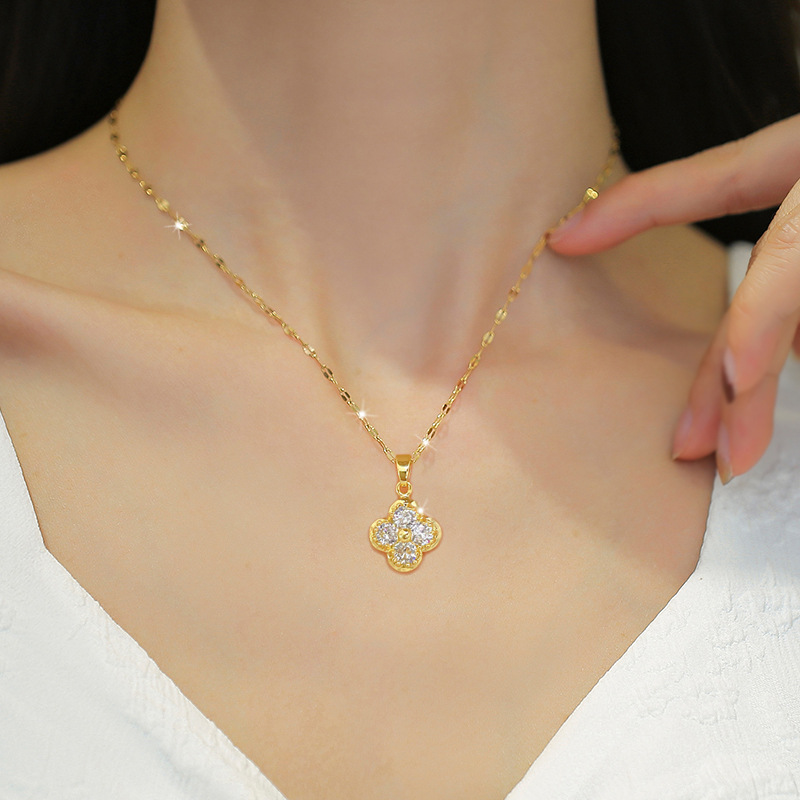 【 Titanium Steel 】 Four-leaf Flower Necklace Earring set, light luxury, micro-inlay, personalized and elegant banquet earrings and Necklaces combination details Picture