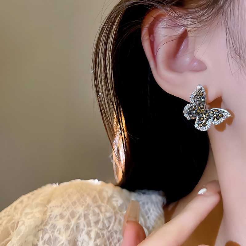 S925 Silver Needle Light Luxury Full diamond butterfly Zircon earrings, cold style, high-end design, simple and versatile stud earrings details Picture