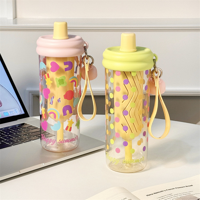 Cartoon flower tea, plastic straw cup, water cup, high appearance level for girls, ins style, cute for students, TRitan plastic water cup full figure