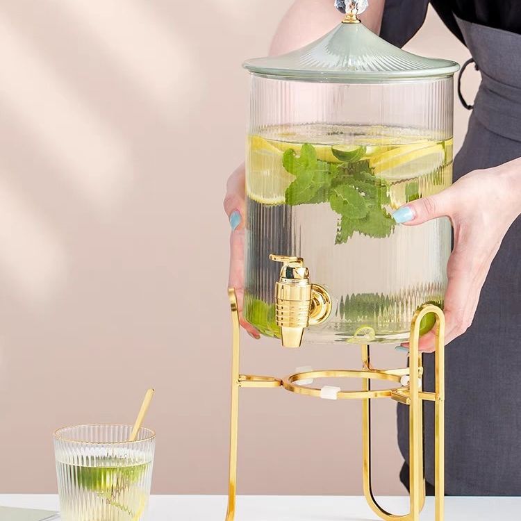 Glass jars with faucets, beer buckets, household water cups, juice jugs, cola buckets, self-service beverage buckets, new Chinese-style bamboo-covered teapots details Picture