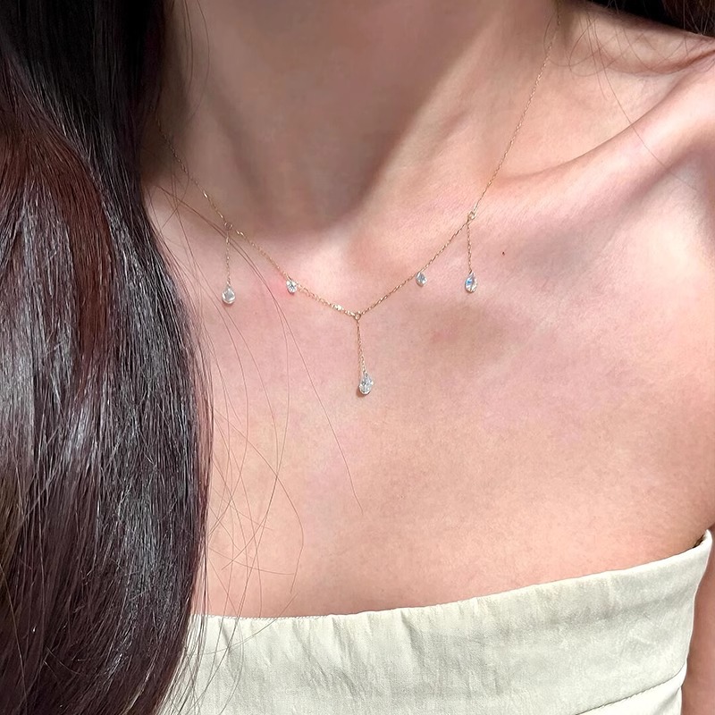 "Starry Sky ~ Water Drop Zircon Tassel Necklace for Women, Light luxury and niche Feel, Ultra-fine diamond collarbone Chain choker. details Picture